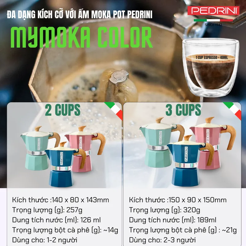 PEDRINI MyMoka Color Ấm Pha Cà Phê 2 Tách - Xanh Vintage 13