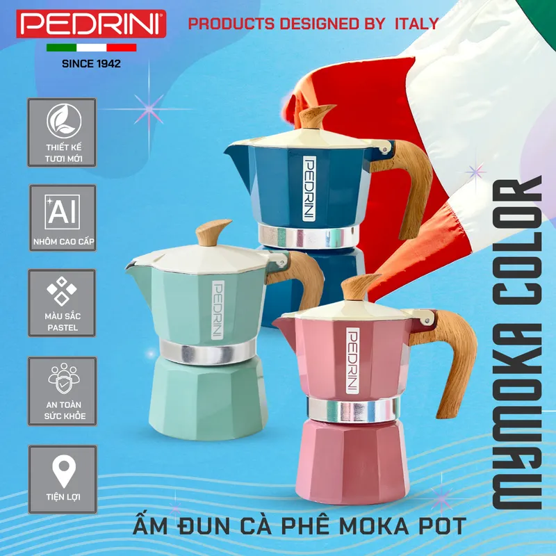 PEDRINI MyMoka Color Ấm Pha Cà Phê 2 Tách - Xanh Lá Vintage 12