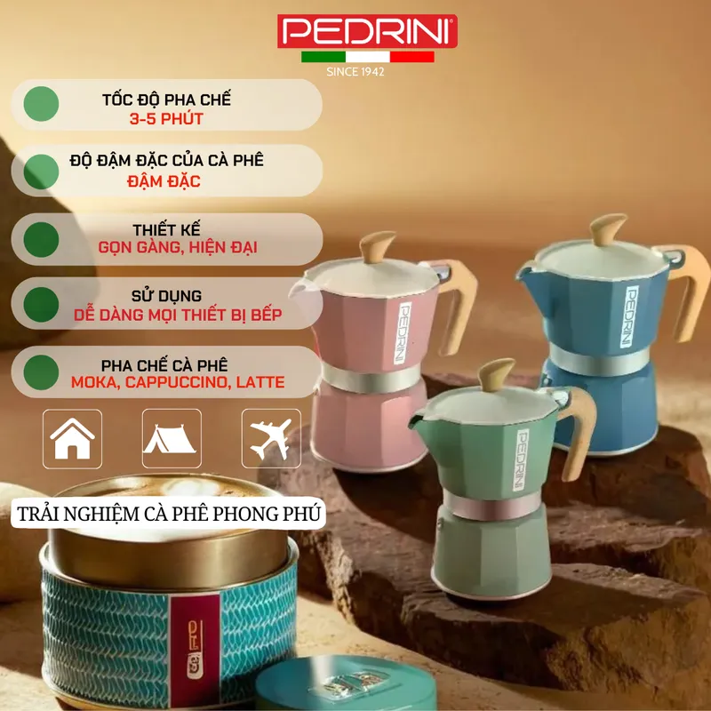 PEDRINI MyMoka Color Ấm Pha Cà Phê 2 Tách - Hồng Vintage 8