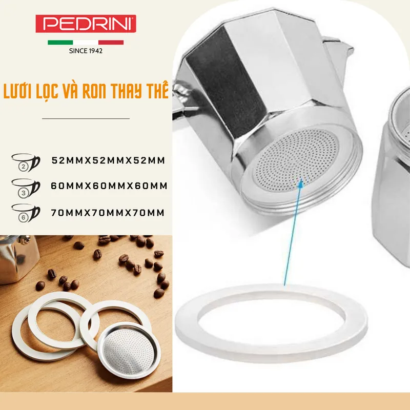 PEDRINI Replacement 3 Gaskets & 1 Filter Kaffettiera Coffee Maker 2 Cups 11