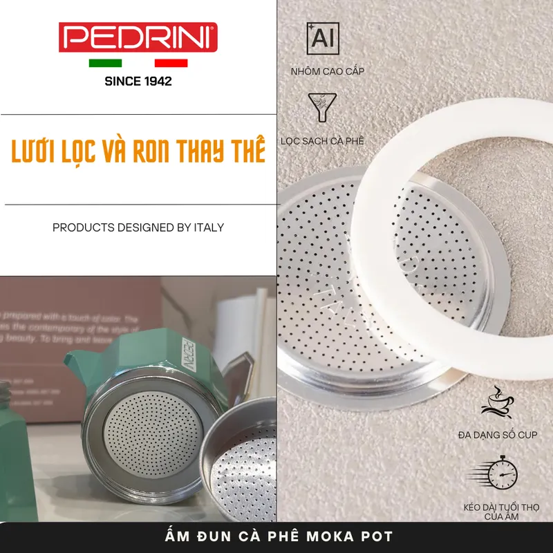 PEDRINI Replacement 3 Gaskets & 1 Filter Kaffettiera Coffee Maker 2 Cups 14