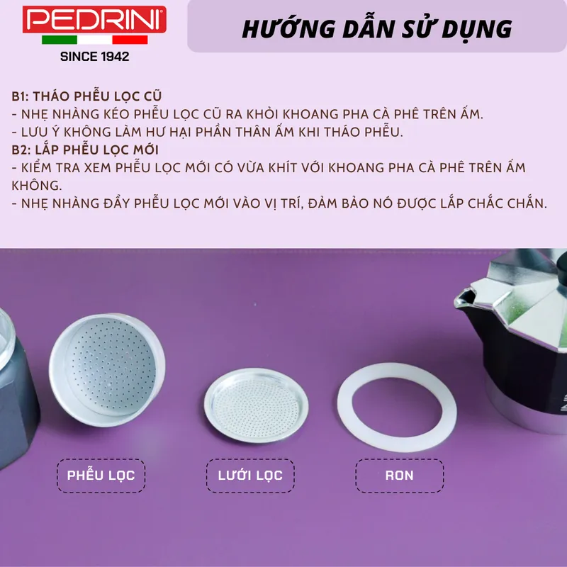 PEDRINI Phễu Thay Thế Kaffettiera Ấm Pha Cà Phê 3 Tách 9