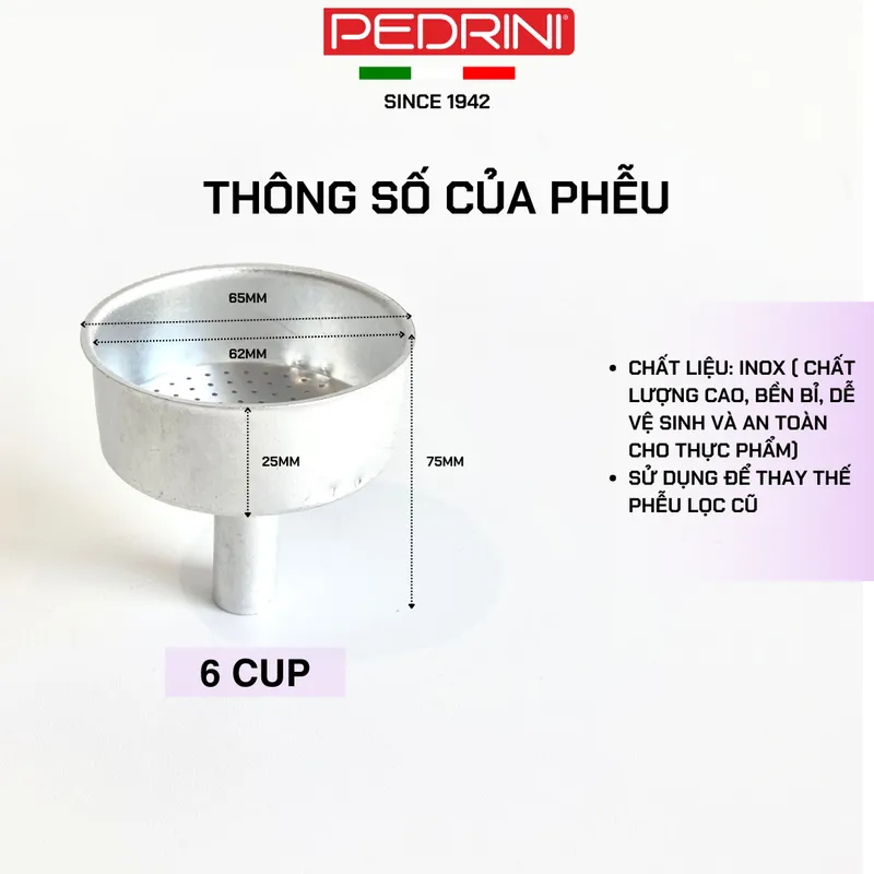 PEDRINI Replacement Funnel Kaffettiera Coffee Maker 6 Cups 14
