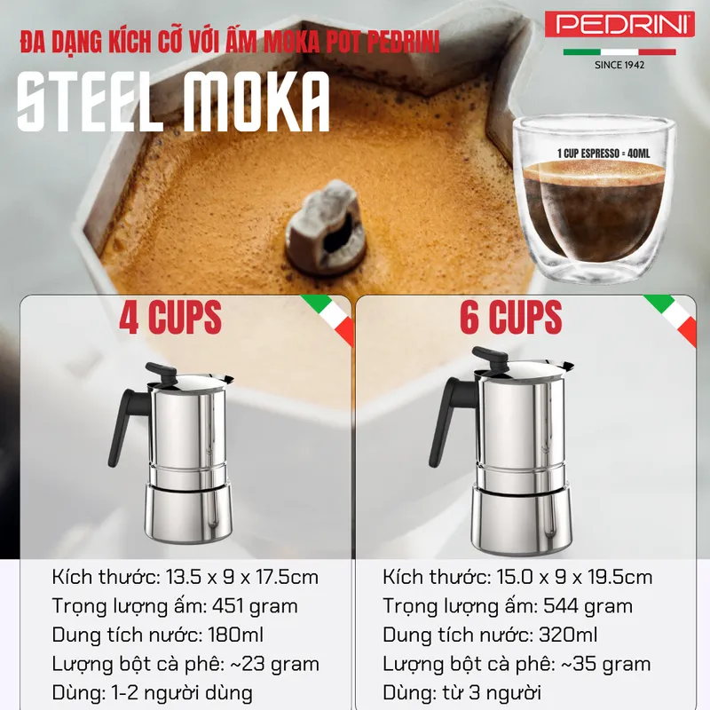 PEDRINI Sei Moka plus Ấm Pha Cà Phê 2 Tách - Nhôm Sơn 14